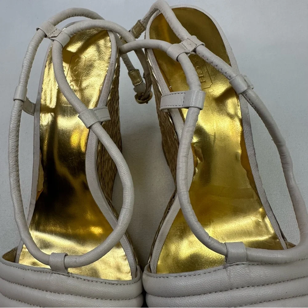 Coach Gold Woven Platform Wedge Sandals Size 8 Cream Leather Strappy